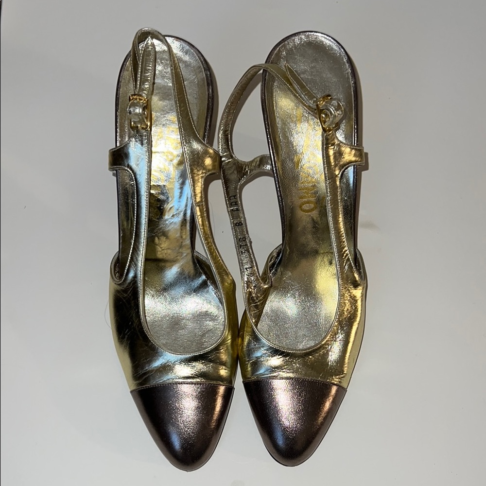 Salvatore Ferragamo Elegant Gold and Silver Women's Cap Toe Kitten Heels